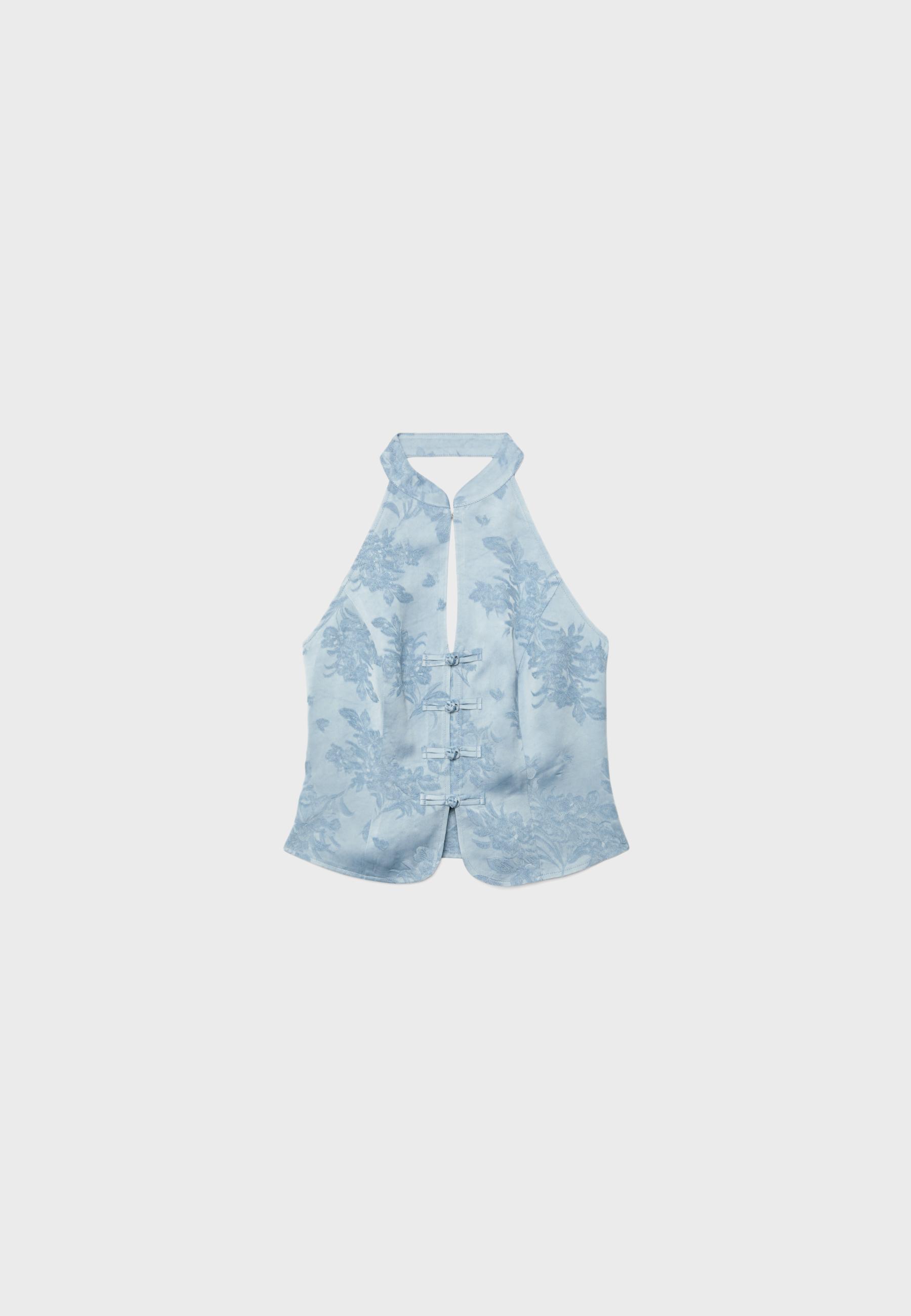 Embroidered sateen qipao top — Sky blue
