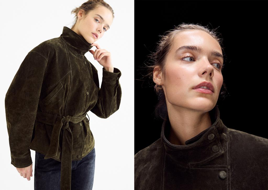 100% leather high neck trench coat with belt
