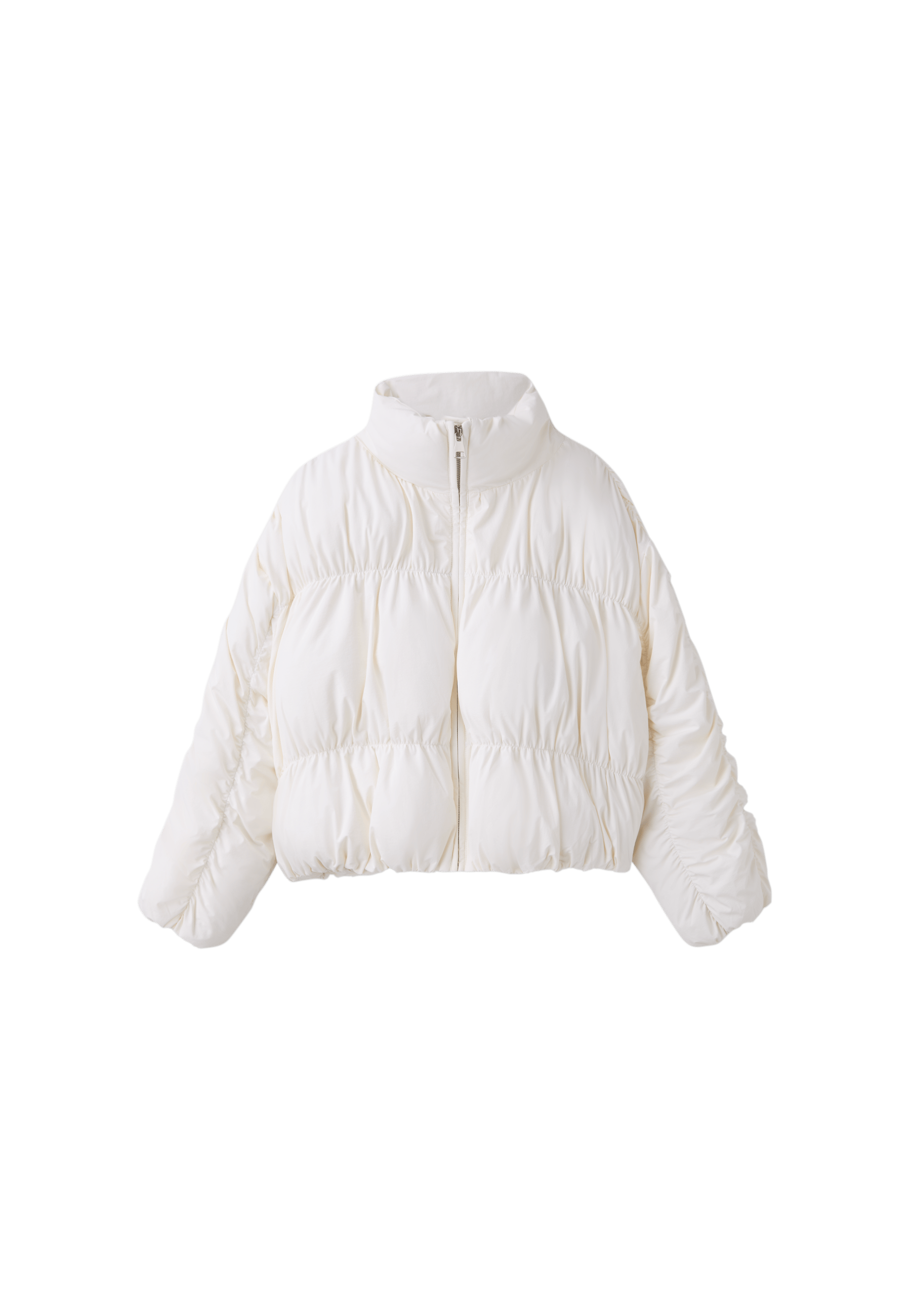 Padded jacket with high neck and gathered detail — Ecru
