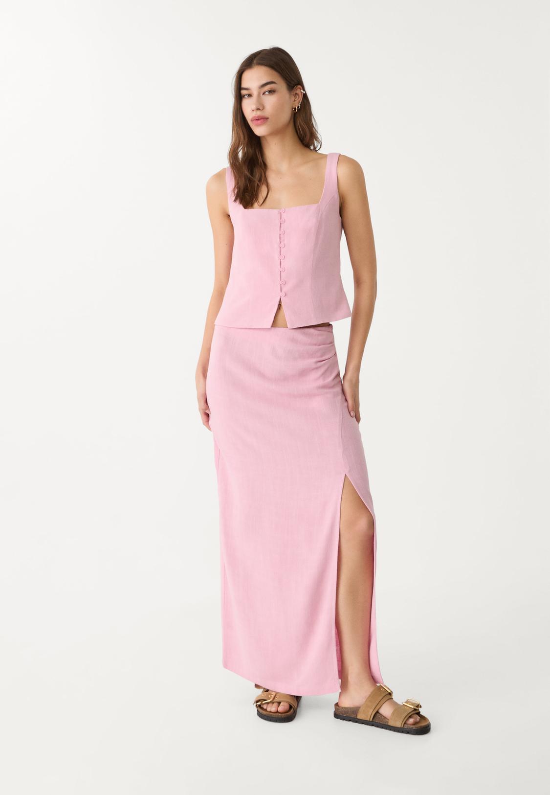 Stradivarius Pink Denim Maxi Skirt Ruffled Long Skirt