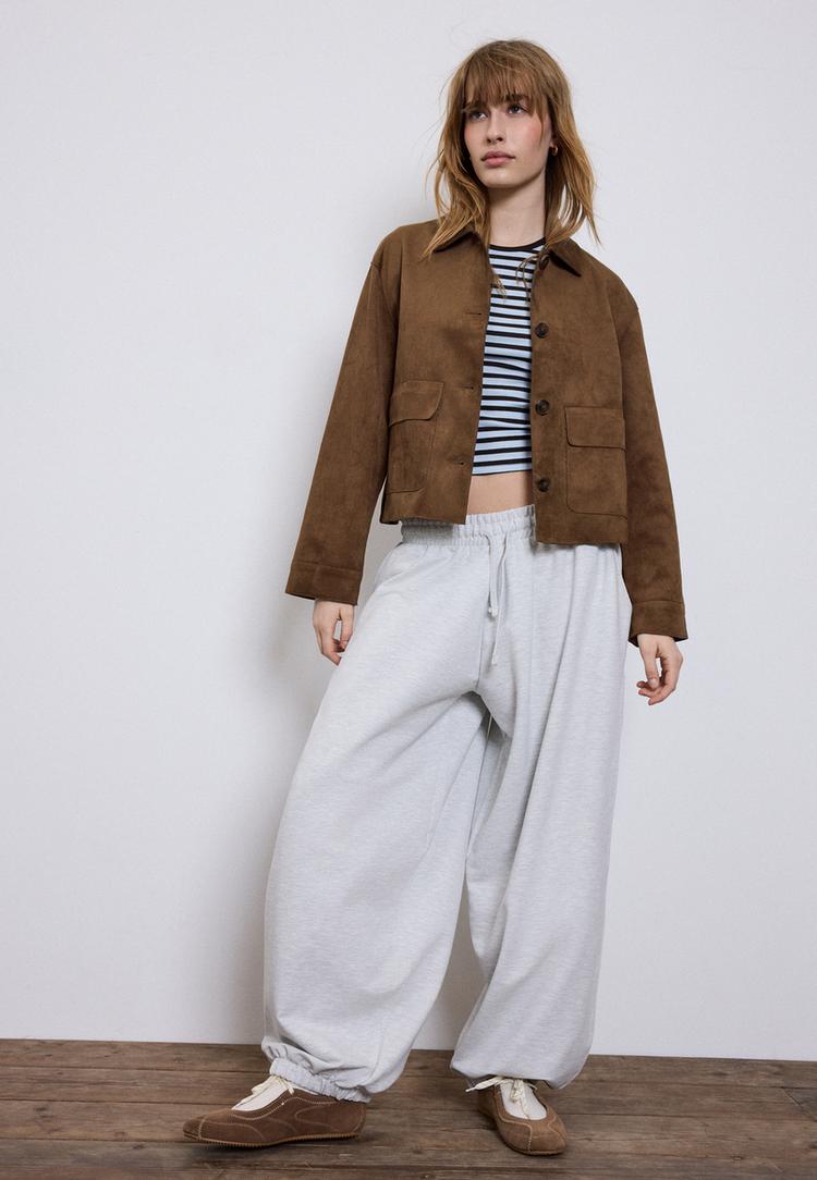 Stradivarius Geacă Cu Buzunare, Aspect De Piele Întoarsă Maro Xl