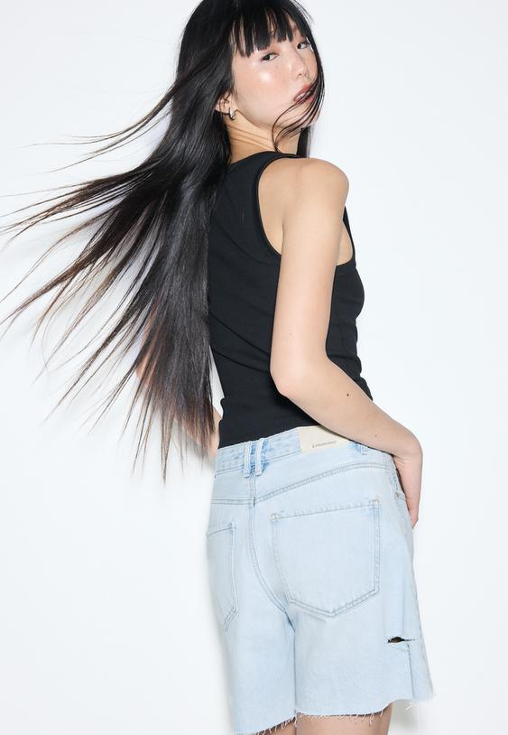 Stradivarius D93 Short En Jean Longline Denim Bleu Moyen Clair Délavé 32