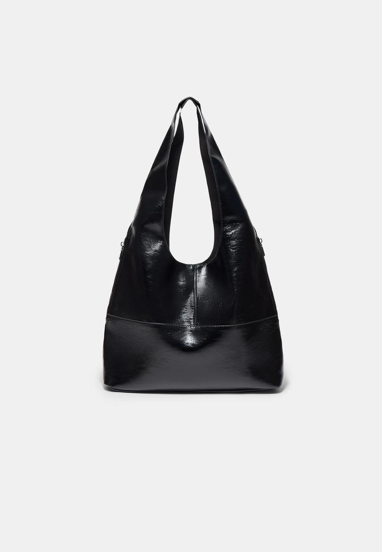 Stradivarius Geantă De Umăr Cu Fermoare, Moale La Atingere Negru Os