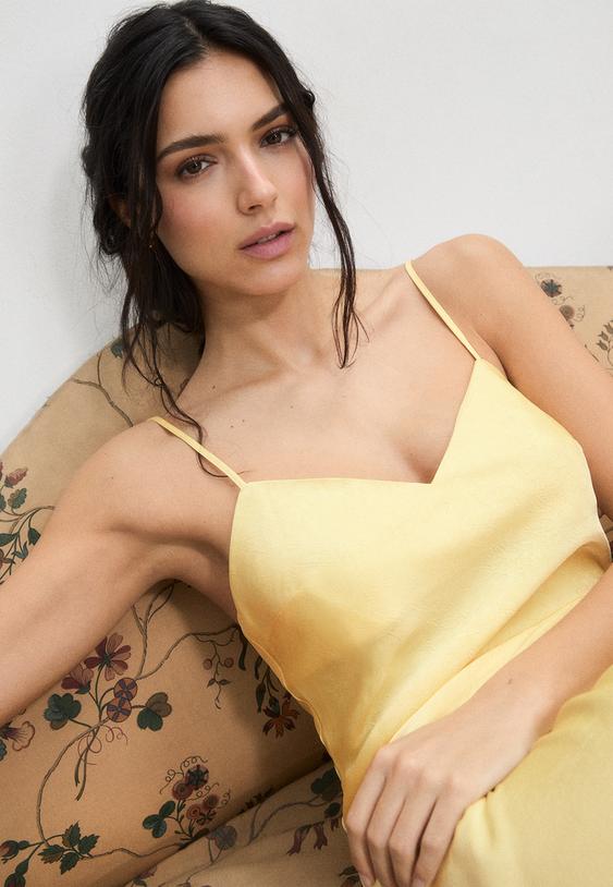 Stradivarius Satin Midi Dress Gold L