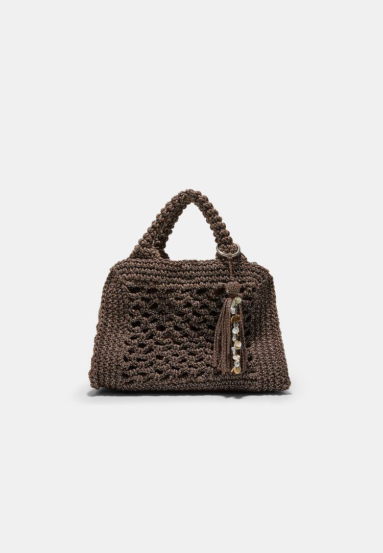 Stradivarius Geantă Tote Croșetată Cu Fir Metalic Maro Os