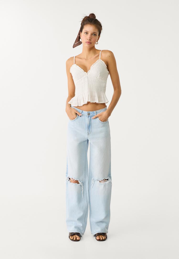 Straight Fit Jeans mit weitem Bein D92 MITTELBLAUER WASHED-LOOK IM HELLEN JEANSBLAU 44