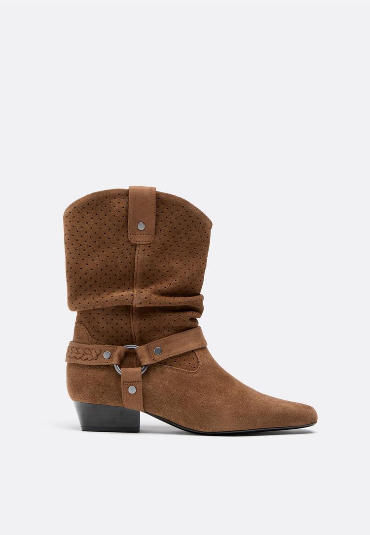 Stradivarius Μποτίνια Φαρδιά Εφαρμογή Cowboy Δέρμα Διάτρητα Καφέ 41