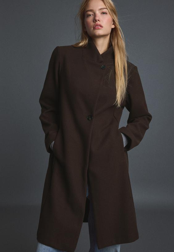 Stradivarius Βασικό Παλτό Με Απαλή Υφή Καφέ M