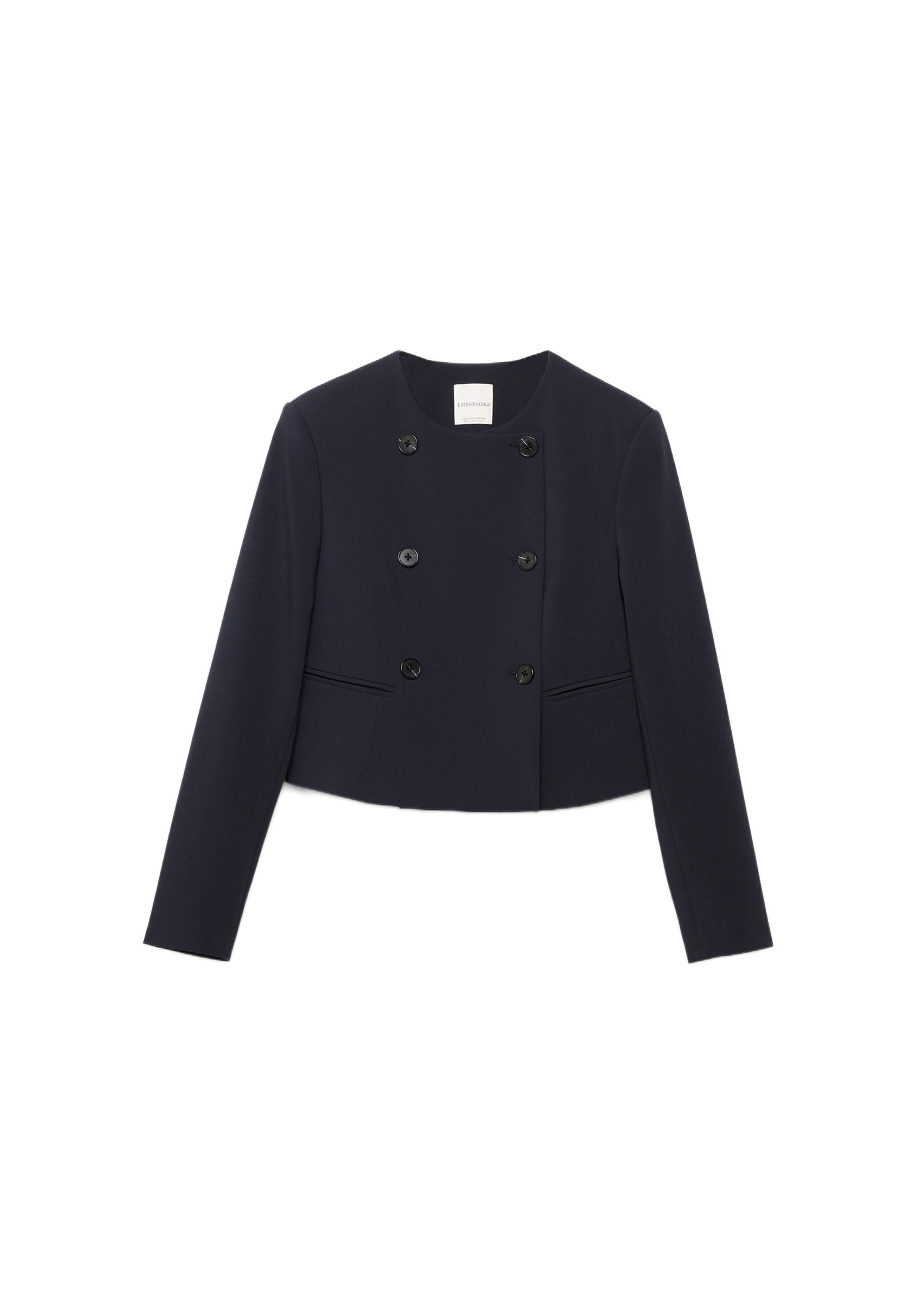 Cropped round neck blazer — Navy blue