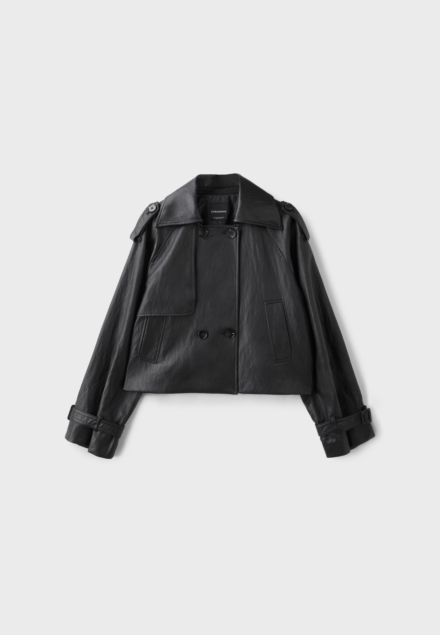 Leather-effect cropped trench coat — Black
