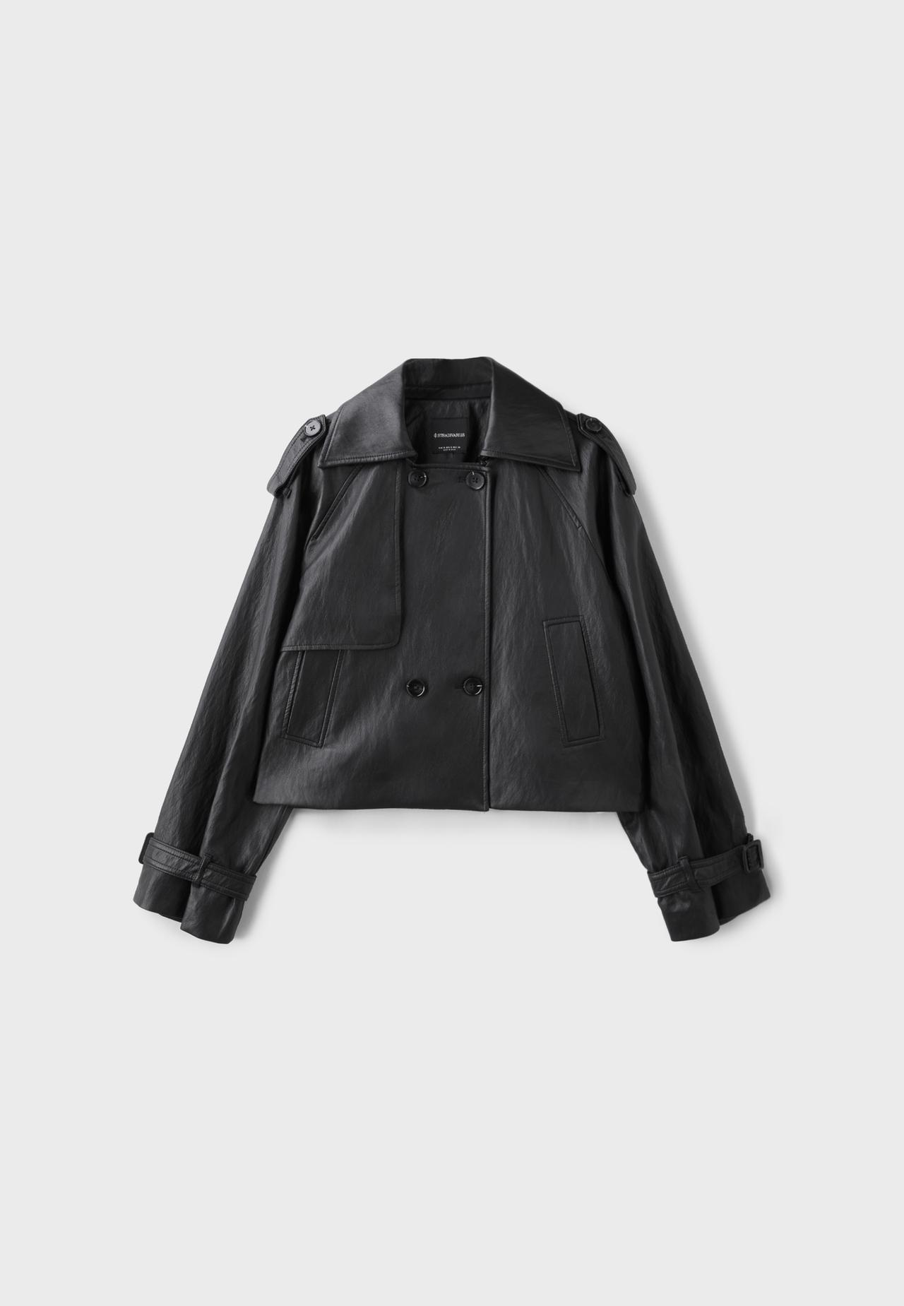 Cropped leather effect trench coat — Black