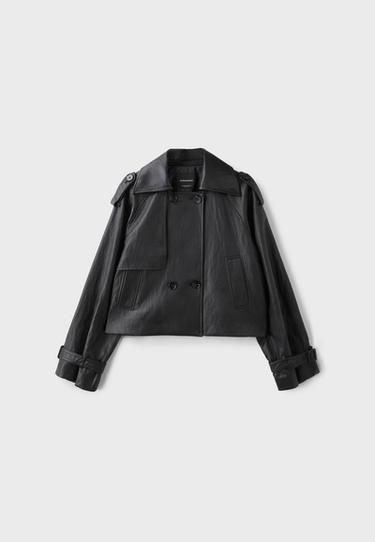 Cropped leather effect trench coat — Black 7