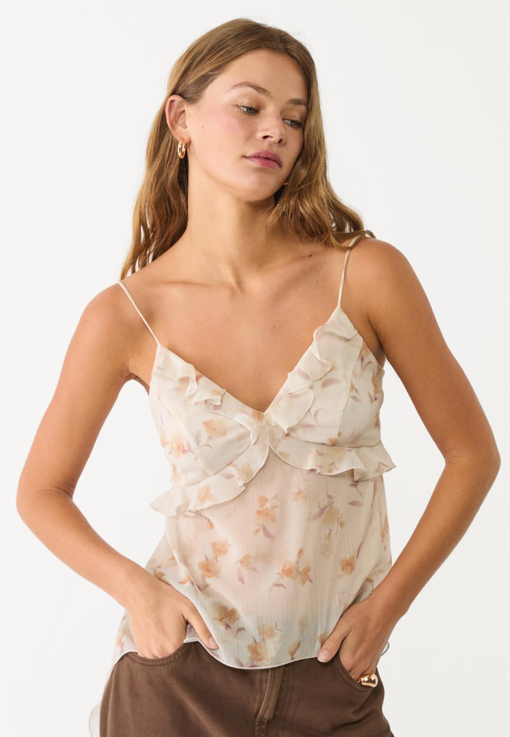 Flowing printed top with ruffles