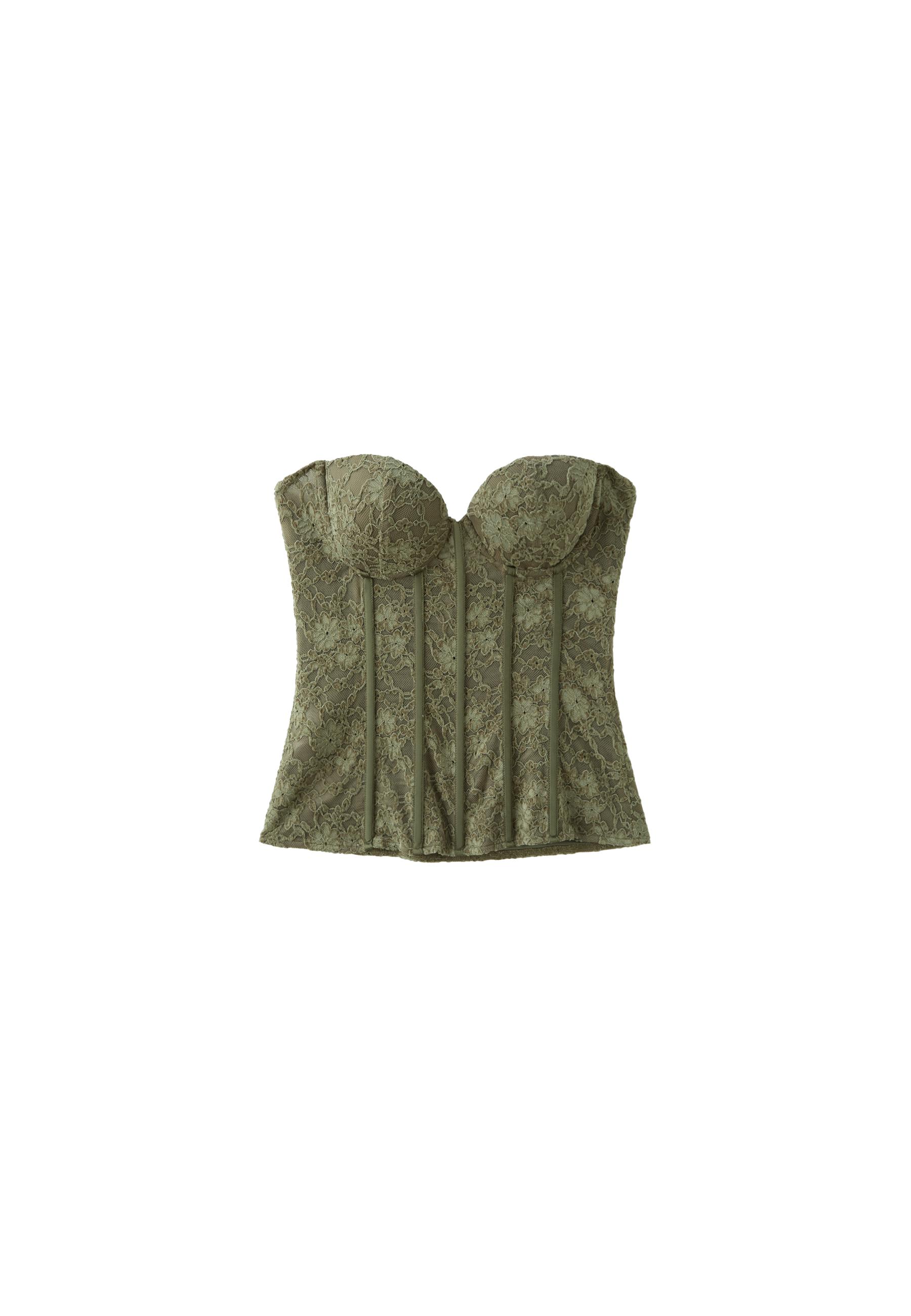 Lace corset top with stays — Khaki