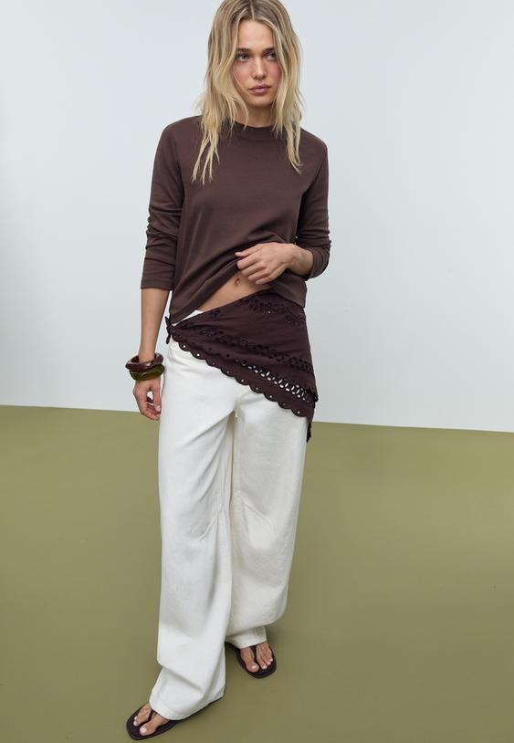 Stradivarius Βασικό Βαμβακερό Μπλουζάκι Κανονικής Γραμμής Καφέ M