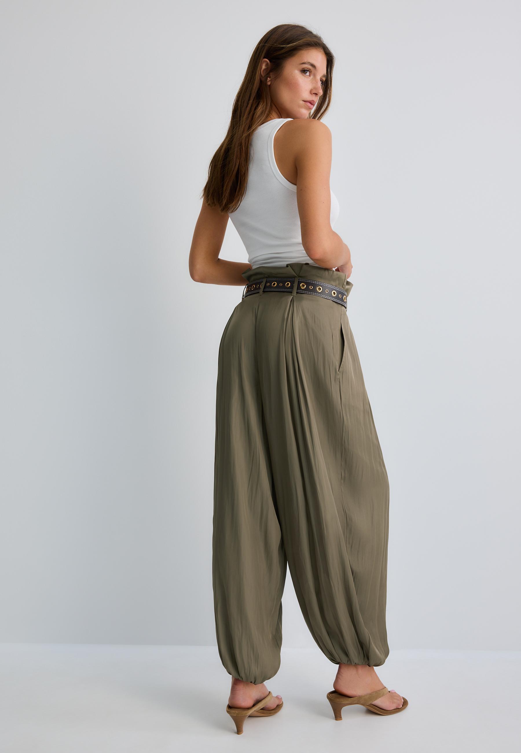 Satin sarouel trousers with belt — Brown