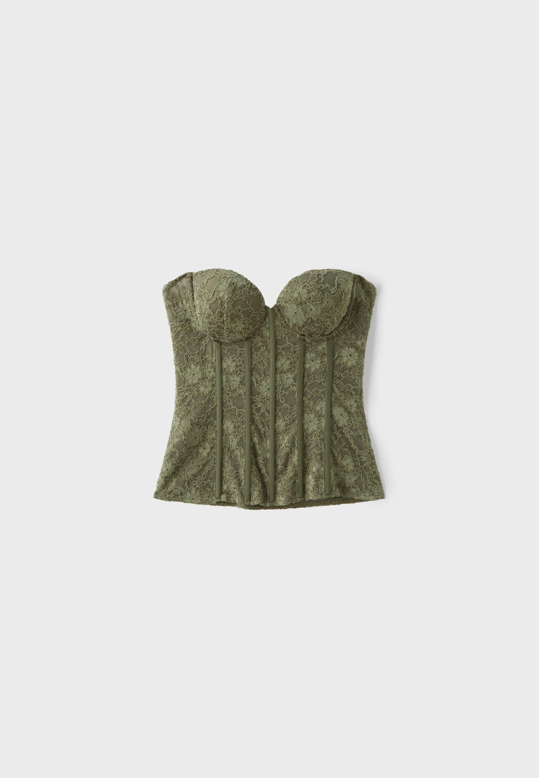 Lace corset top with stays — Khaki