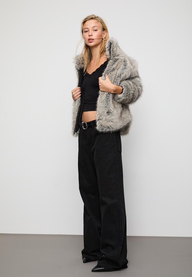 faux fur jacket with high neck