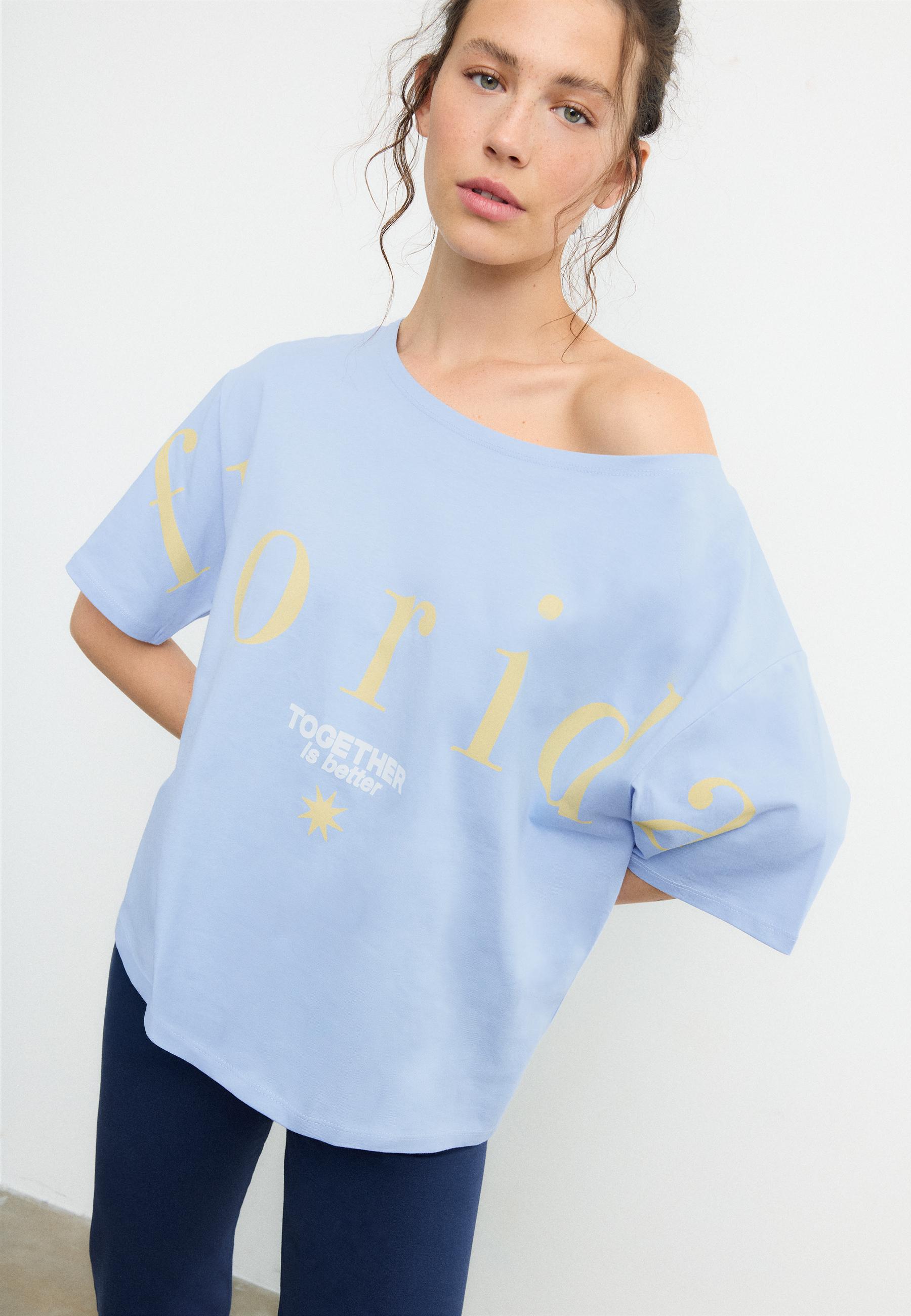 Printed boat neck T-shirt — Sky blue