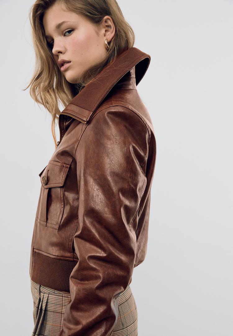 short leather effect jacket with pockets