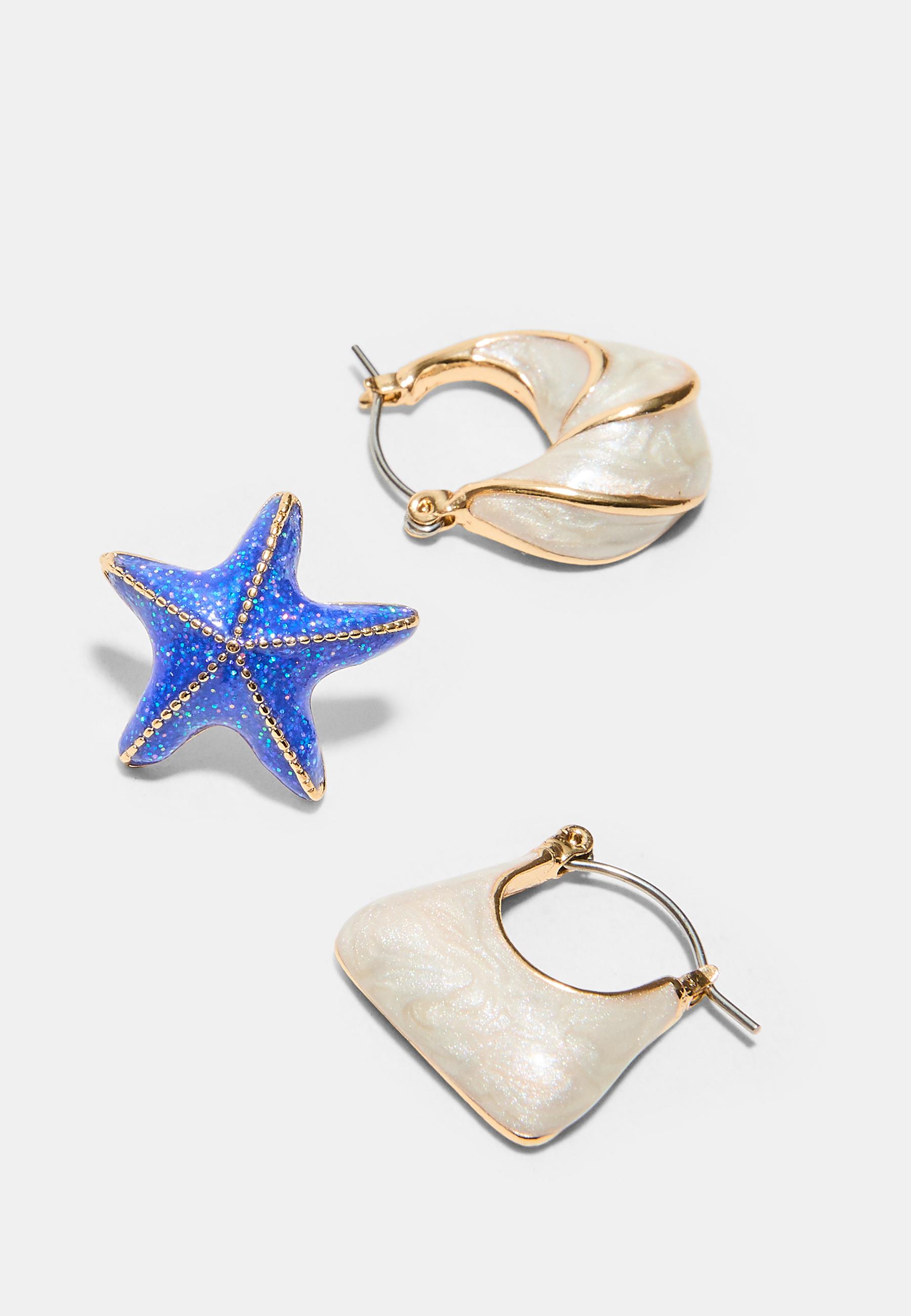 Set of 3 enamel star and hoop earrings — Blue