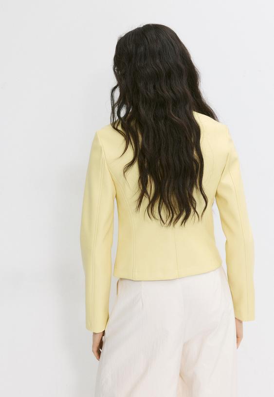 Stradivarius Fitted Leather Effect Jacket Pastel Yellow M