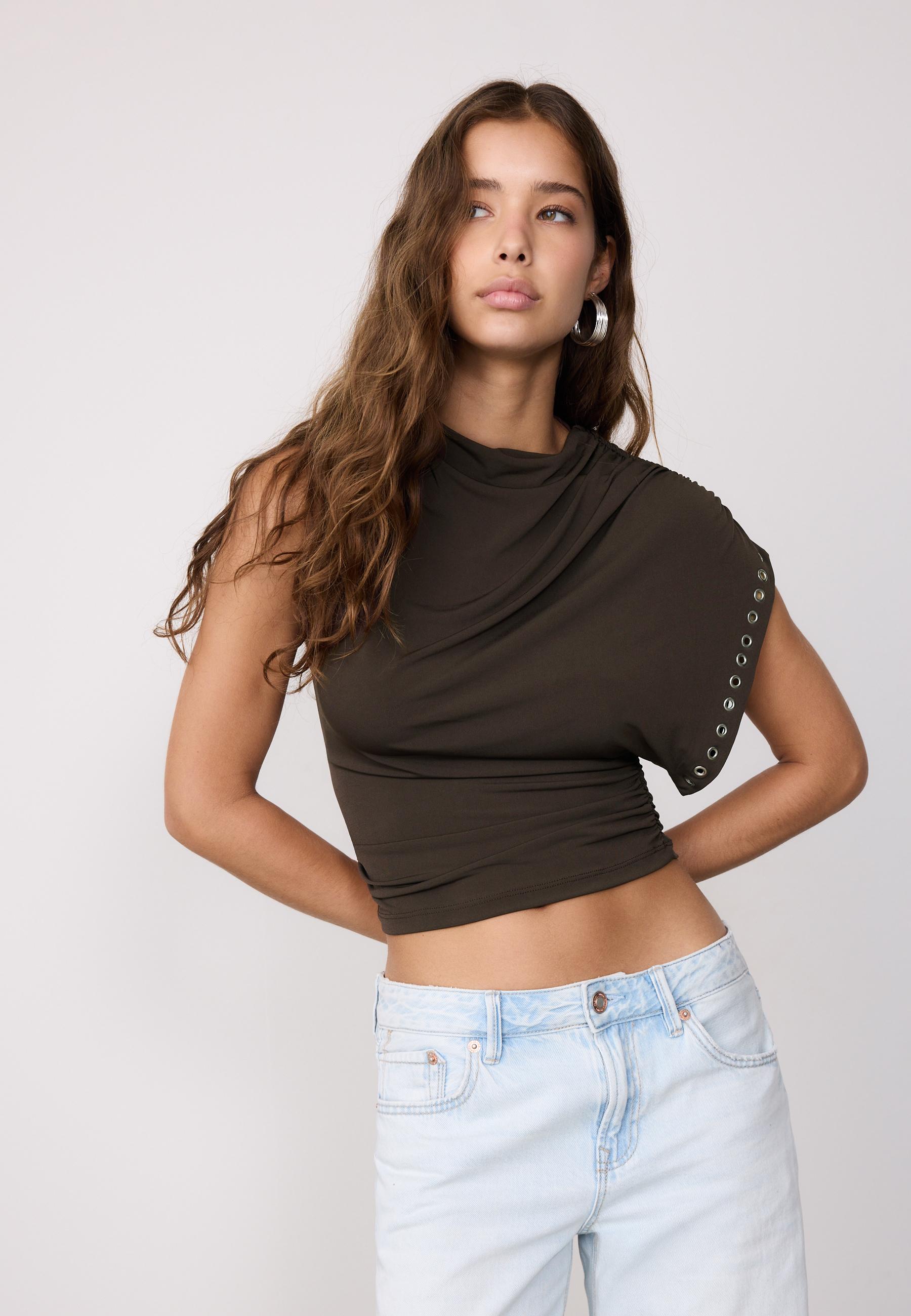 Asymmetric stud-detail sleeveless top — Brown