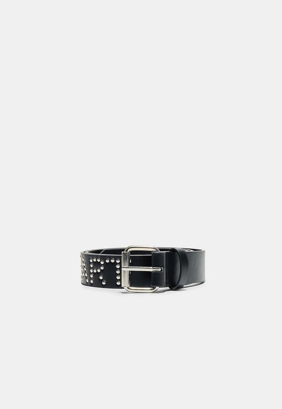 Stradivarius Studded Slogan Belt Black 26