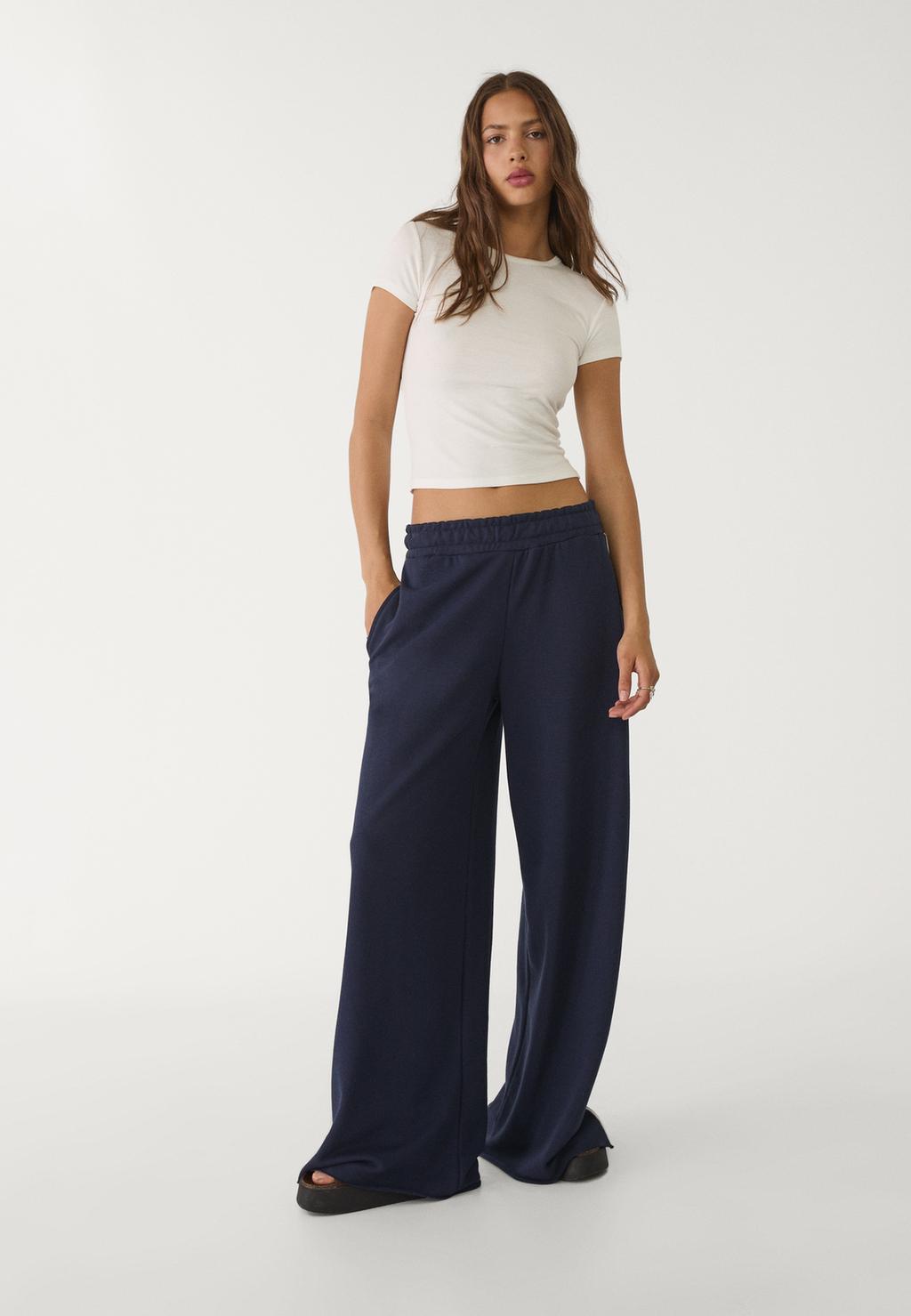 Wide-leg plush trousers with trim detail