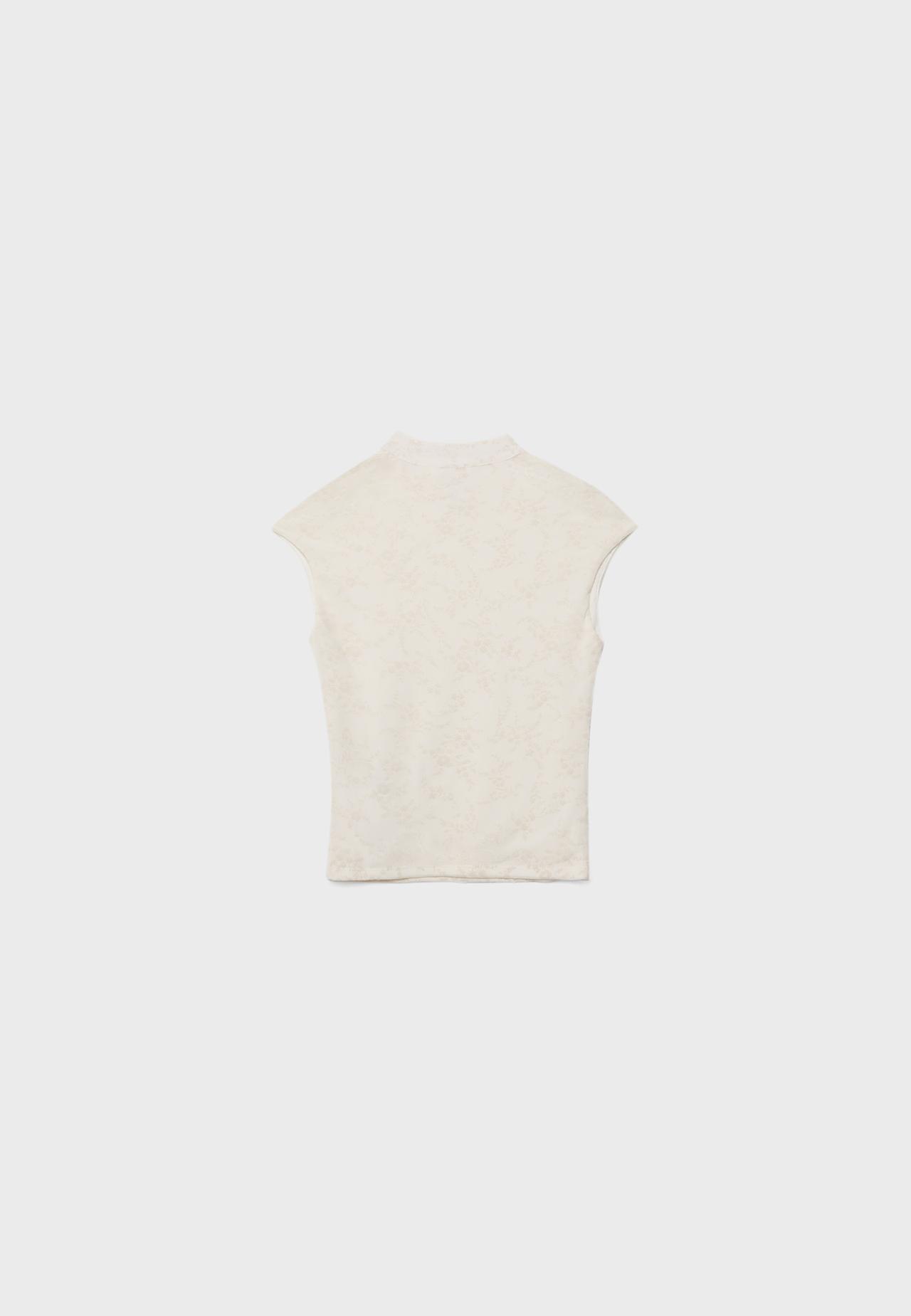 Flocked stand collar T-shirt — Ecru