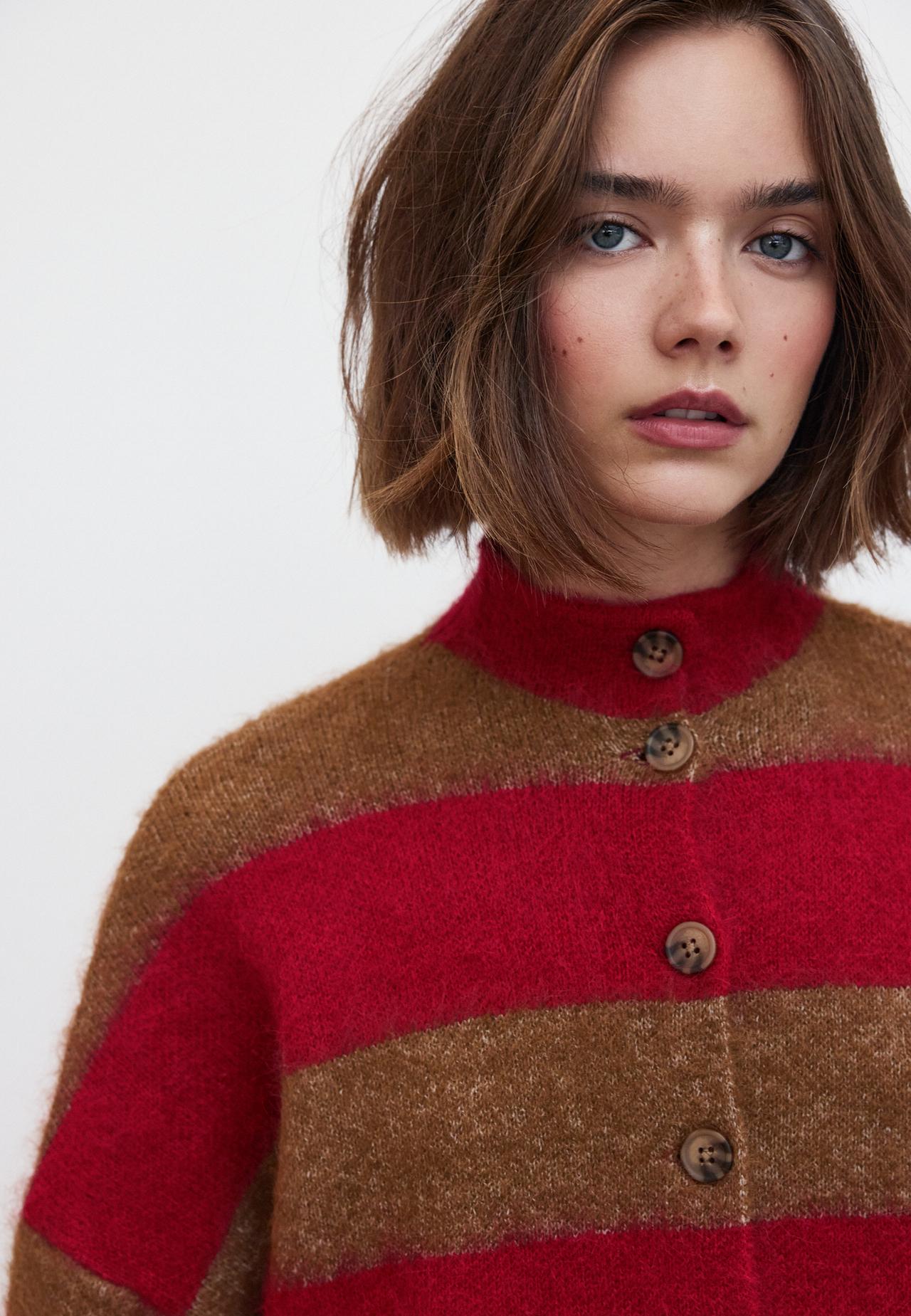 Striped funnel neck knit cardigan — Beige