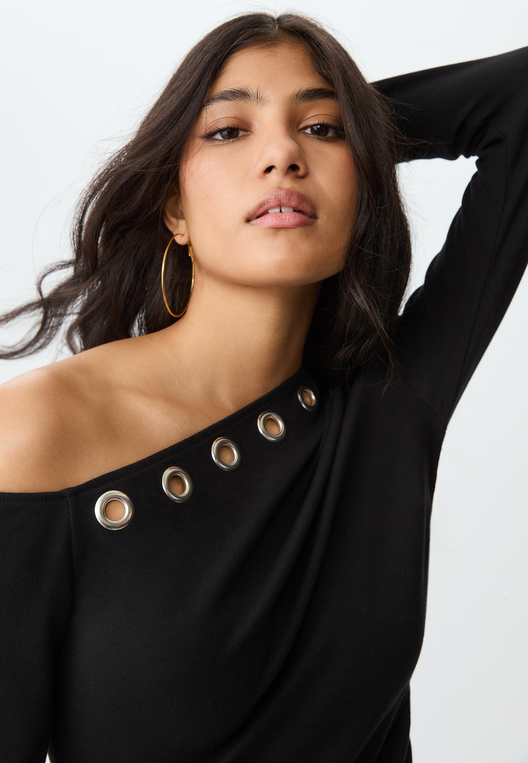 Short asymmetric dress with eyelets - Women's fashion