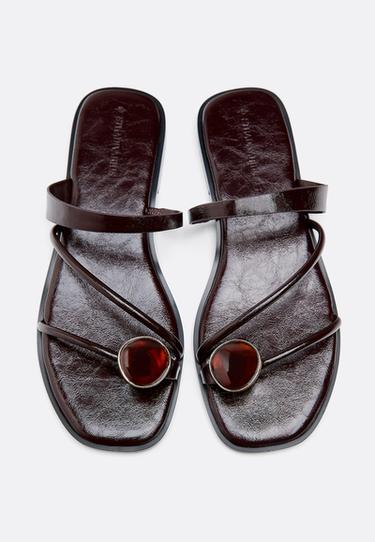 Flat stone detail sandals — BROWN 3