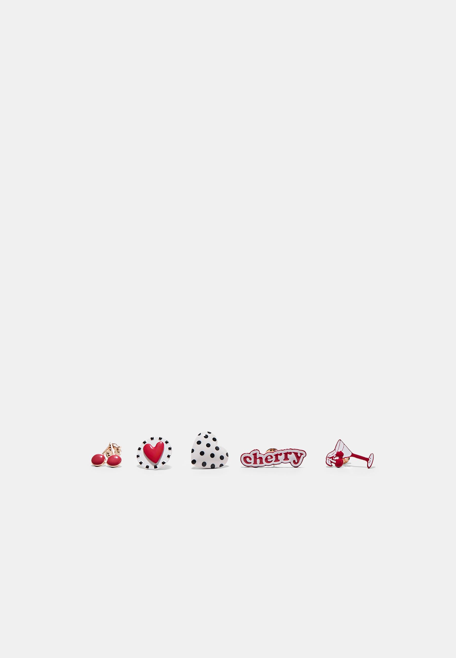Set of 5 Heart and Cherry Pins — Red