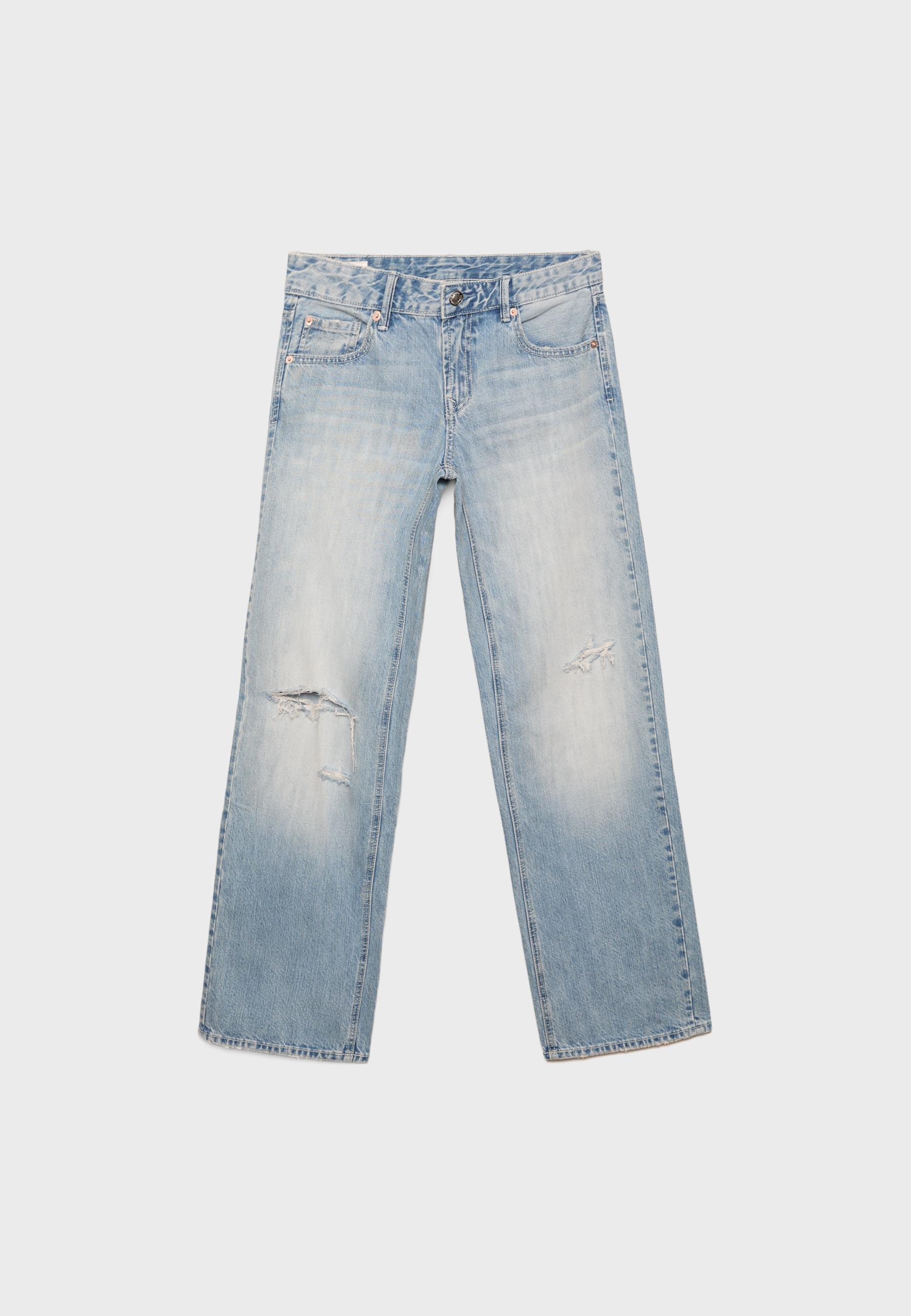 Ripped low-waist straight jeans — MEDIUM LIGHT BLUE DENIM