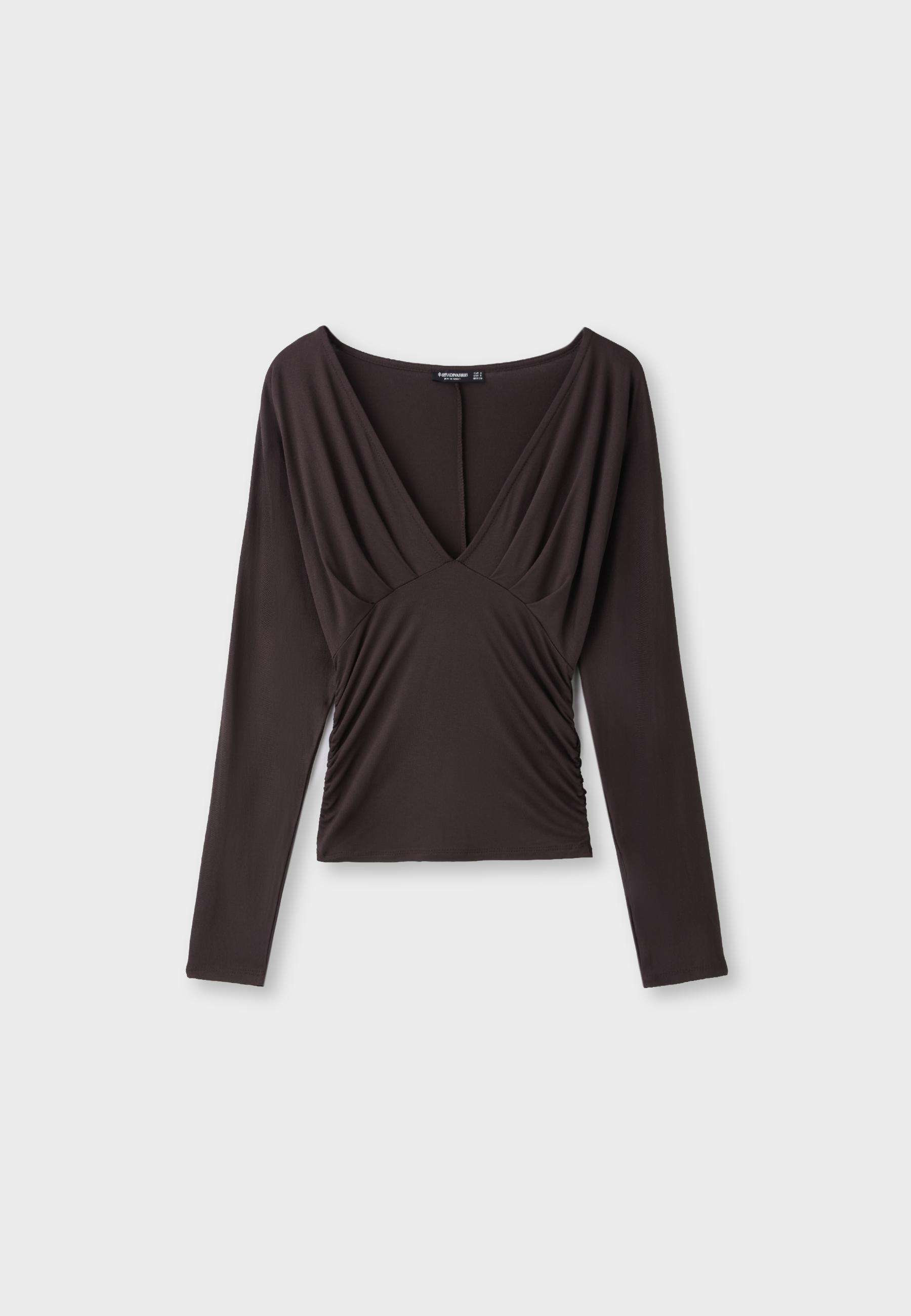 Long sleeve V-neck T-shirt — Brown