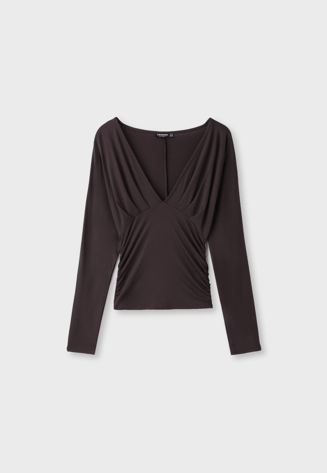 Long sleeve V-neck T-shirt — Brown