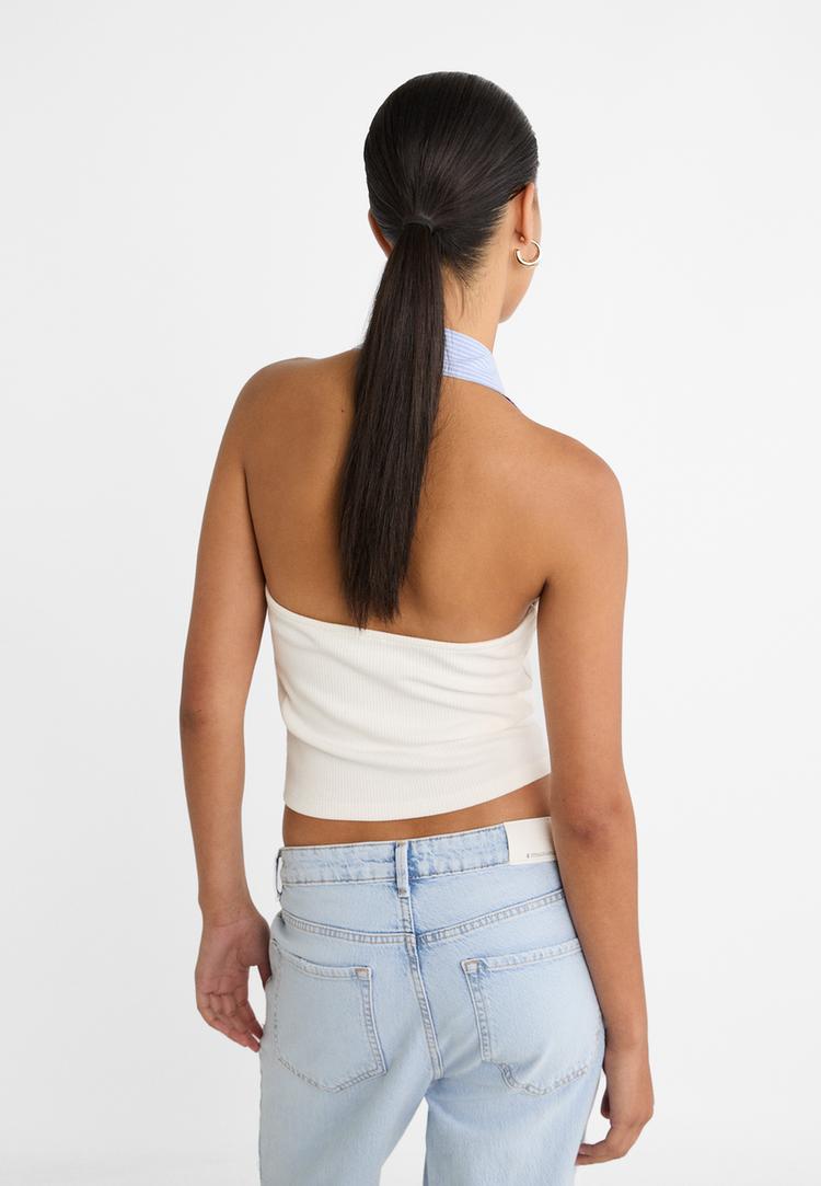 t shirt combinada com decote halter