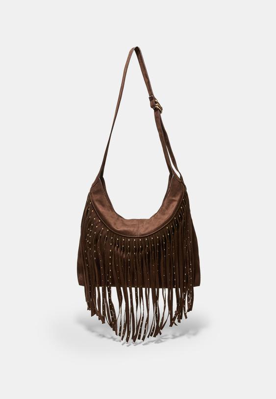 Stradivarius Sac Porté Épaule Toucher Doux Détail Franges Marron Os