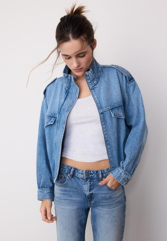 Stradivarius Balloon Denim Jacket Medium Light Blue Denim L