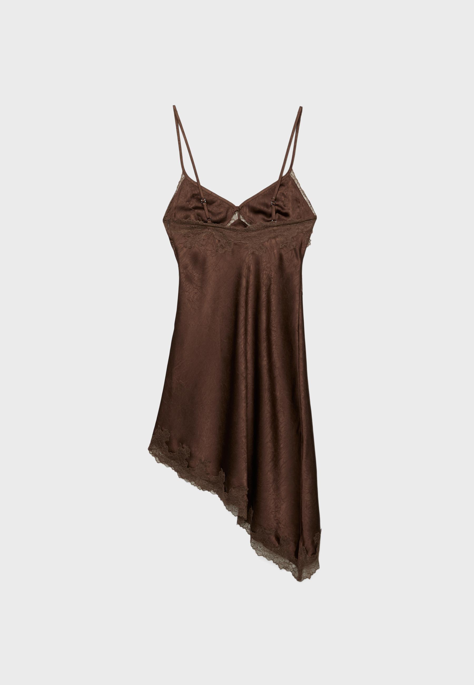 Short asymmetric satin dress — Brown