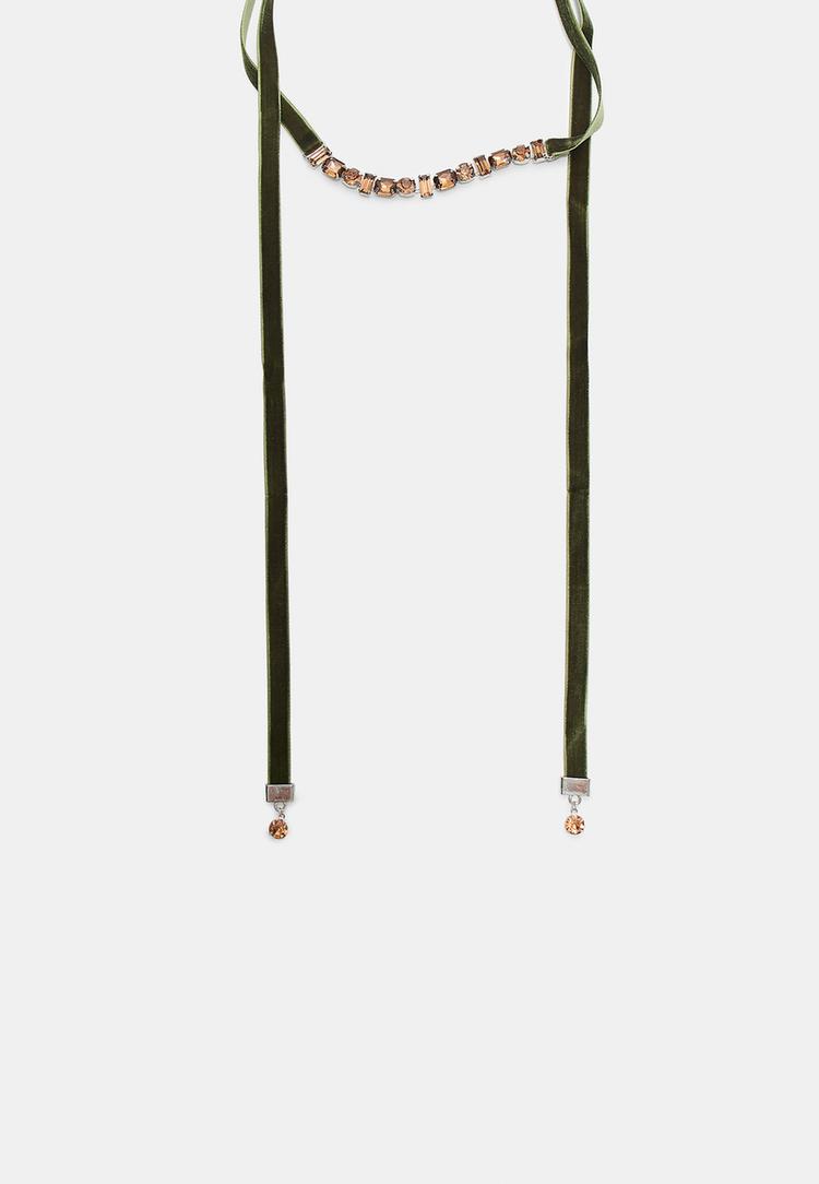 Stradivarius Náhrdelník Lariat Šperky Kombinovaný Zamat Green Os