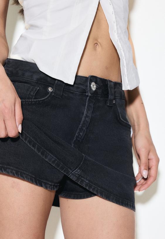 Stradivarius Fustă-Pantalon D62 Din Denim Efect Prespălat Negru Denim 44