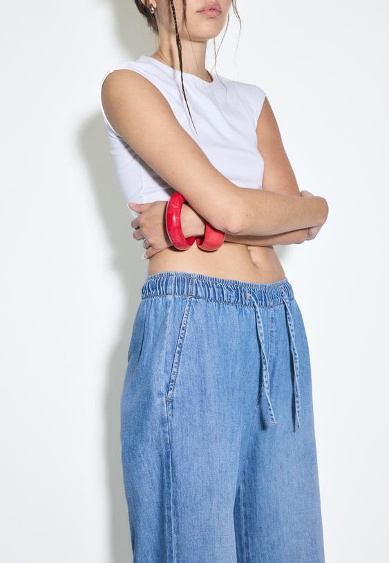 Stradivarius Pantalon Fluide En Denim À Cordon Denim Bleu Moyen Délavé Xs