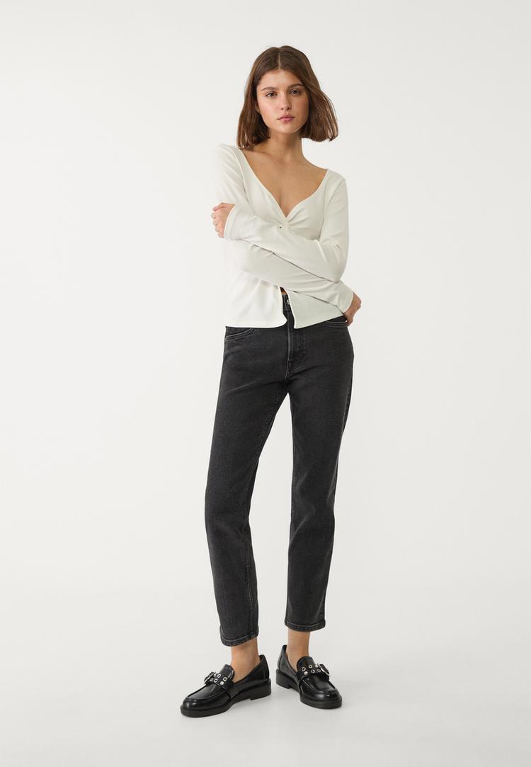 Stradivarius D10 Slim Fit Mom Jeans Zwarte Denim Wassing 32