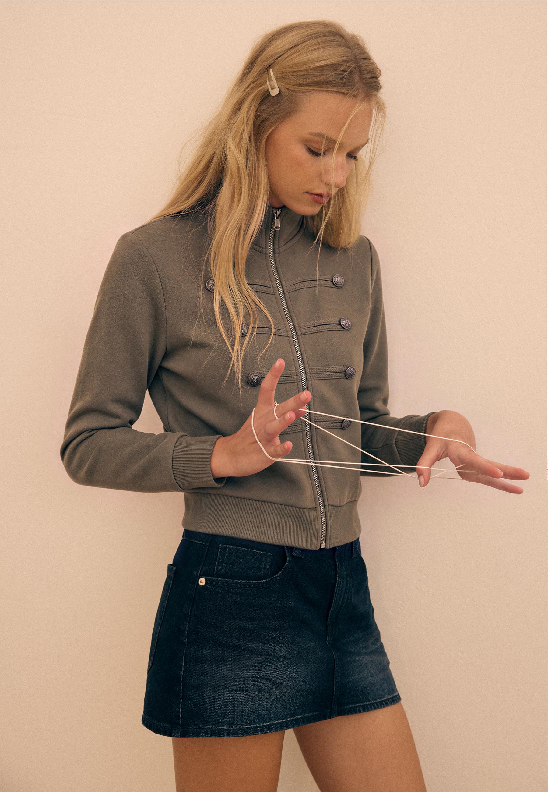 Metal Button Zip-Up Sweatshirt — Khaki