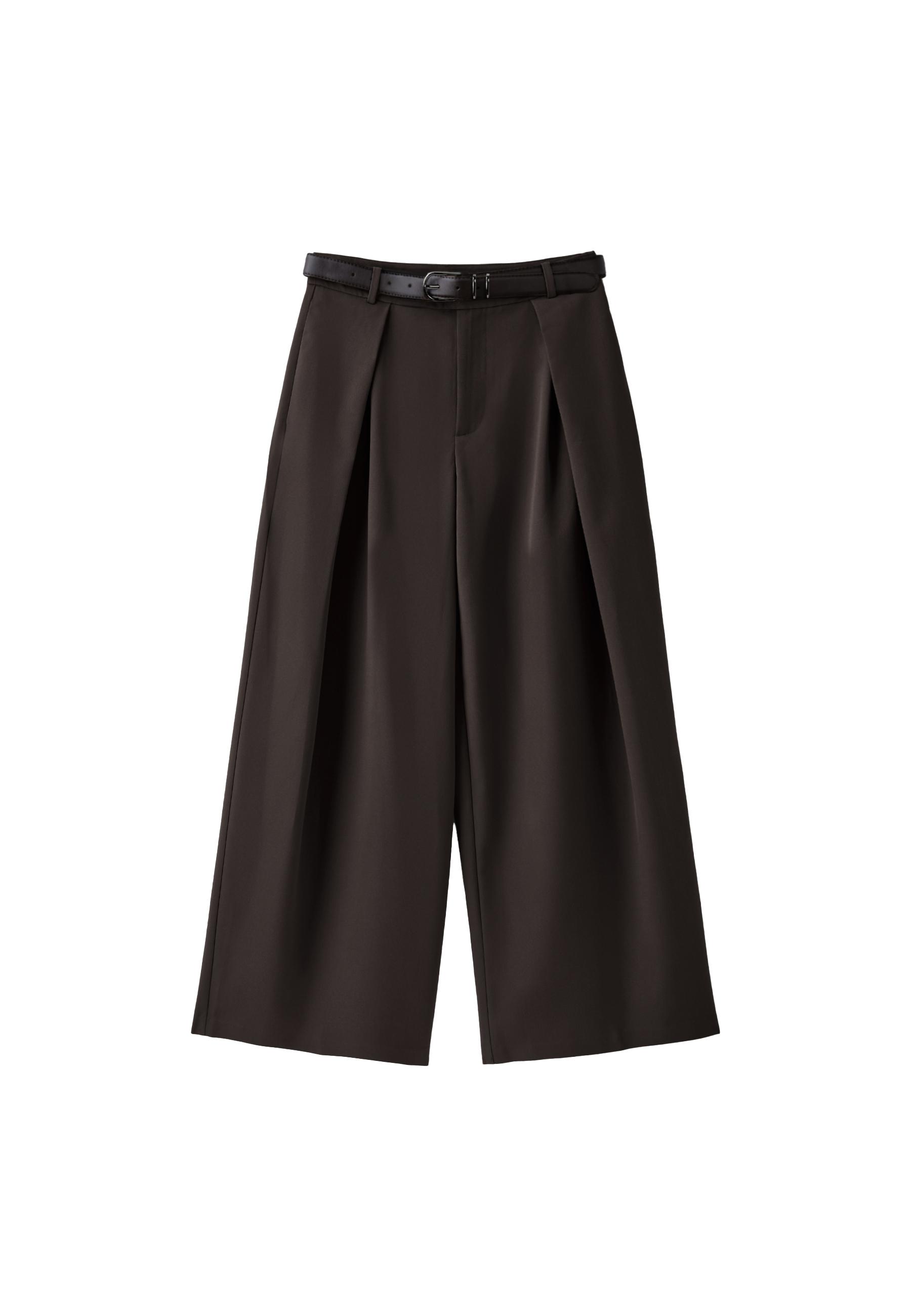 Wide-leg darted trousers with belt — Brown