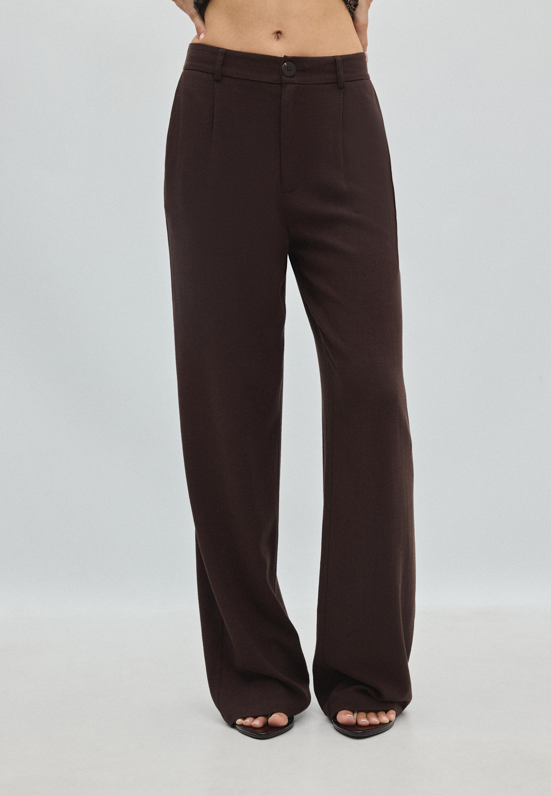 Straight-leg linen-effect trousers — Brown