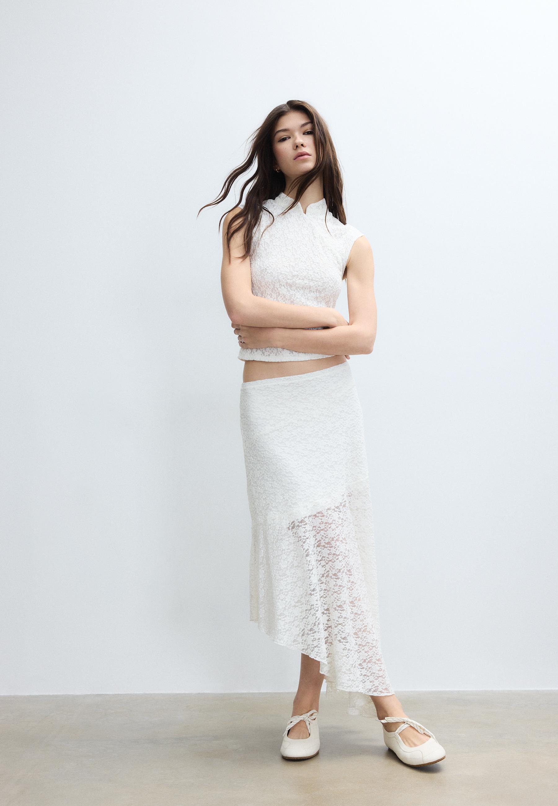 Asymmetric lace midi skirt — Ecru