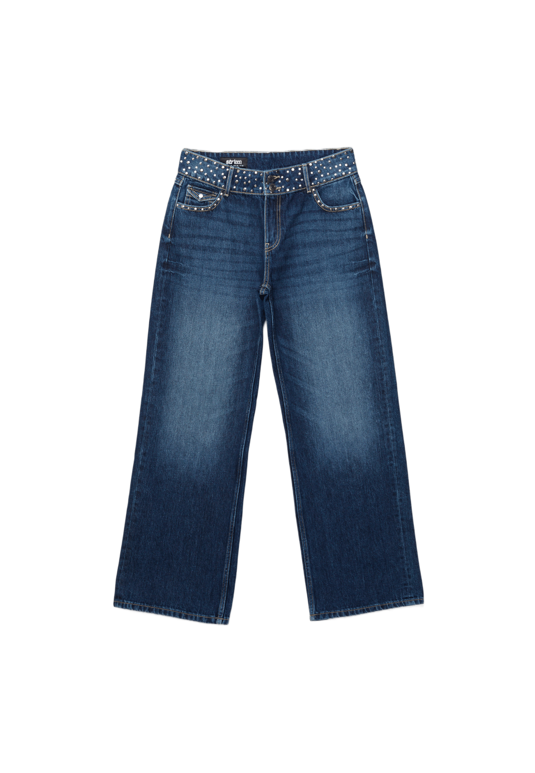 Straight jeans with studded waistband — BLACK DENIM WASHED EFFECT